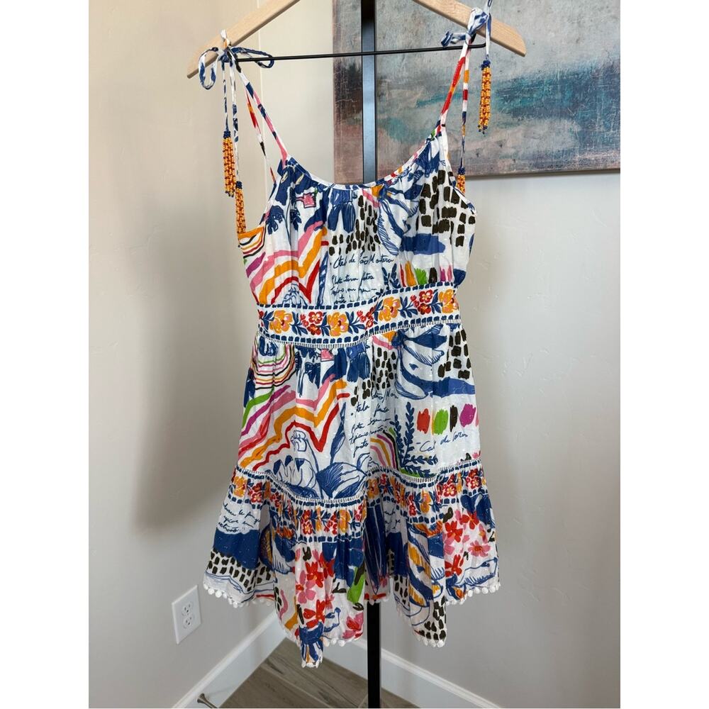 NEW FARM Rio Wild Brazil Mini Dress Botanical Print Beaded Tie Shoulder Small - Picture 2 of 6